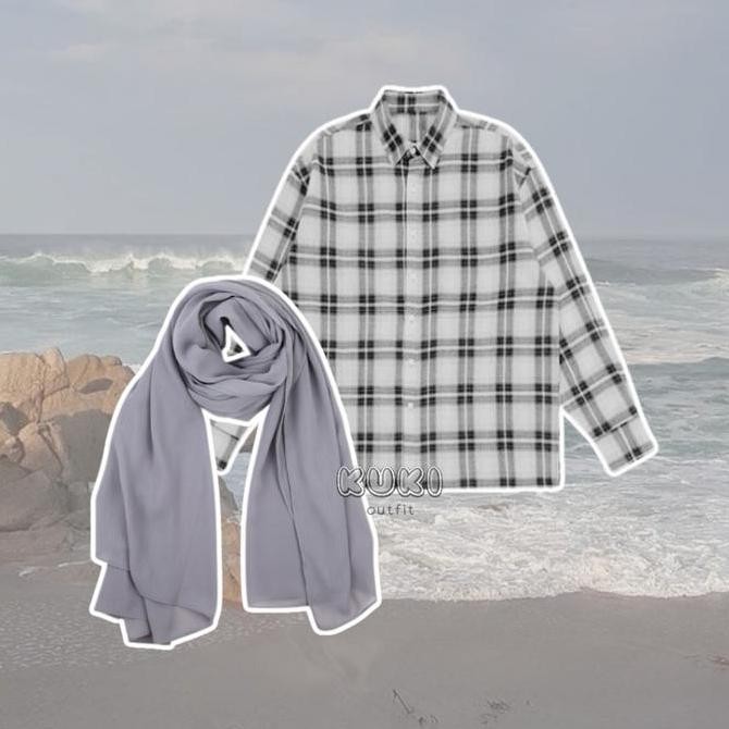 One Set Wanita Korean Style (Kemeja Flanel Hijab Pashmina Celana Kulot) Outfit Hijab Ootd - Kk80 Ata