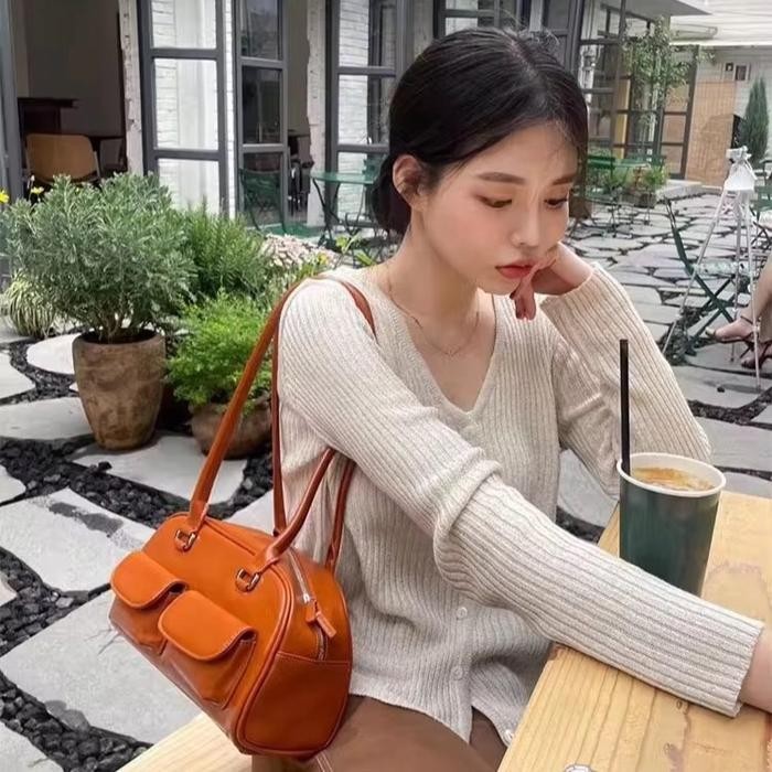 Leoni Bag - Tas Bahu Wanita Korea Hitam Kulit dengan Banyak Kantong Kualitas PREMIUM Totebag Cewek
