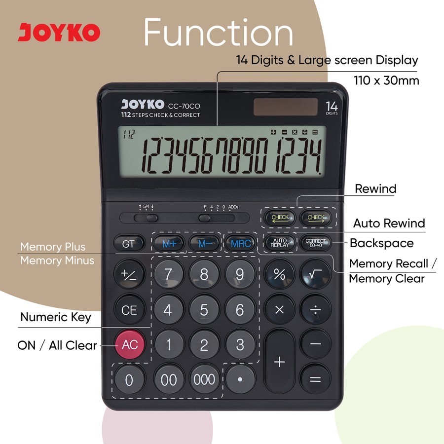 

Alulator Che / Ce Ulang Joyo Cc-70Co Calculator 14Digit Alumunium Urface