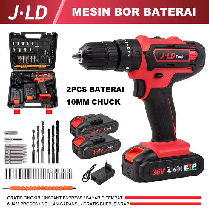 Bor Cordless Jld 36V Baterai Impact Drill Tool Kit Aksesoris Lengkap