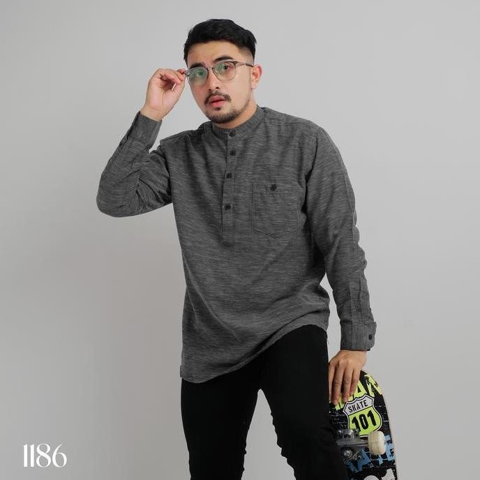 DGM KEMEJA PRIA KERAH SANGHAI LENGAN PANJANG FISCHERI BLACK KEMEJA POLOS KEMEJA 1186 BAJU KOKO LEBAR