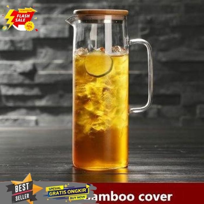 DISKON TEKO PITCHER JUG KACA TAHAN PANAS DENGAN TUTUP KAYU / TEKO TEMPAT  MINUMAN BAHAN KACA TAHAN P