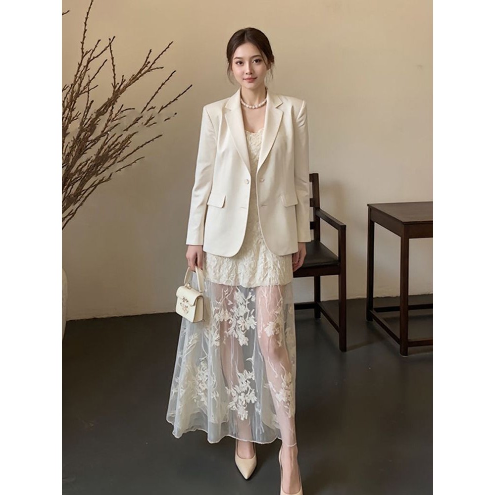 Chanel Style White Blazer Strap Dress Set for Women