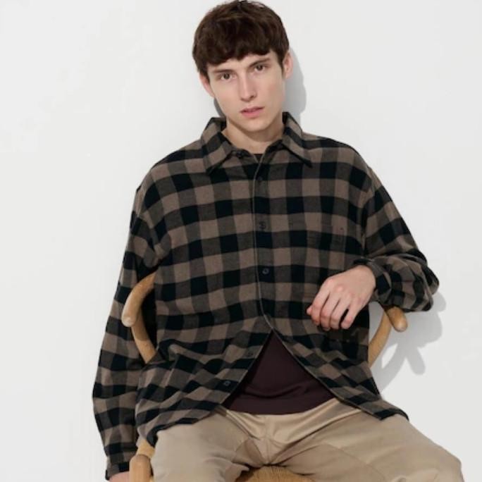 UNIQLO Shirt Men Kemeja Pria Flannel Kotak Lengan Panjang Dark Brown Terlaris