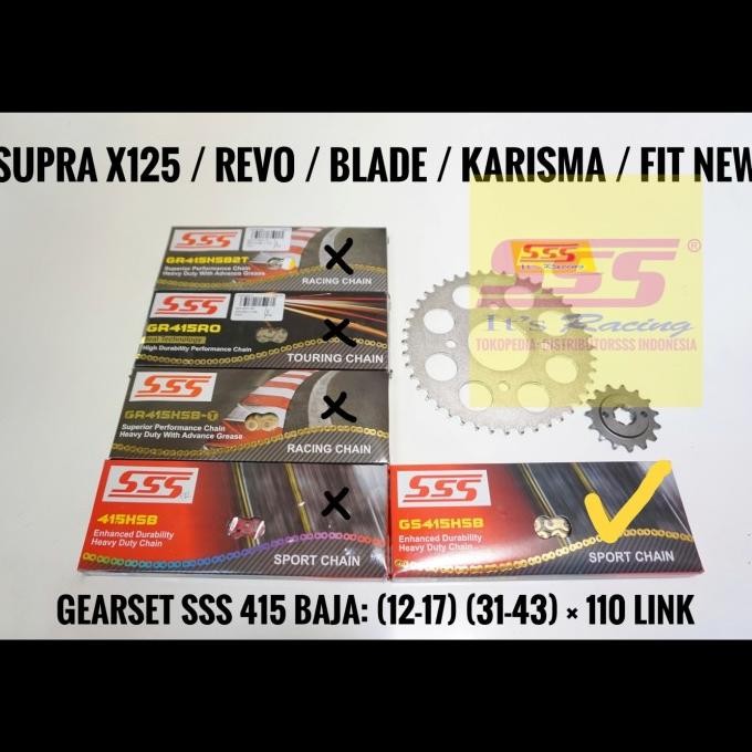 GEARSET GIRSET SSS 415 SUPRA X125/REVO/BLADE, RANTAI SSS GOLD HSB ORIGINAL DAN TERPERCAYA