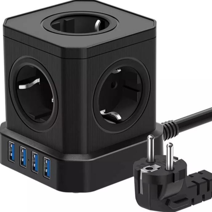Stop Kontak Colokan Listrik 5 Lubang EU Plug 4 USB Port 3.1 A Power Socket Cube 4000W