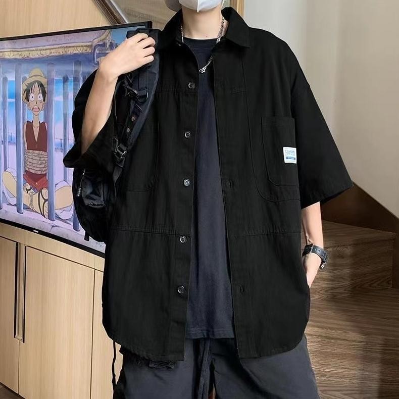 vf-52 Kemeja pria Lengan Pendek oversize hijau kemeja hitam style Kemeja Polos Lengan Pendek t shirt