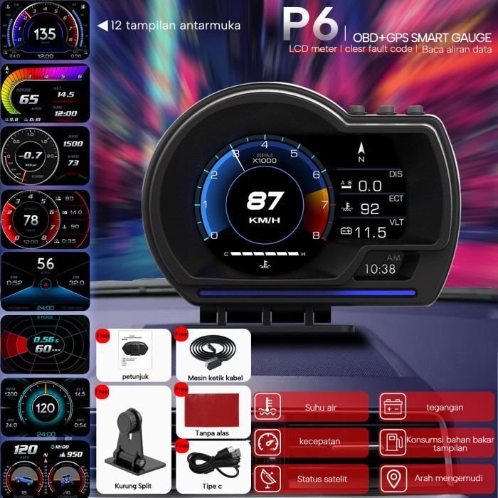 CAR SMART GAUGE P6 OBD2+GPS SMART MOBIL LAYAR DISPLAY SISTEM HUD ORIGINAL QUALITY