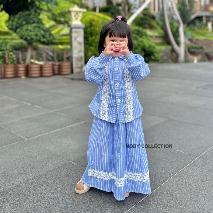 BERAGAM SERUNI ONE SET ROK COUPLE IBU DAN ANAK PEREMPUAN MOTIF SALUR PITA VARIASI RENDA SETELAN BAJU