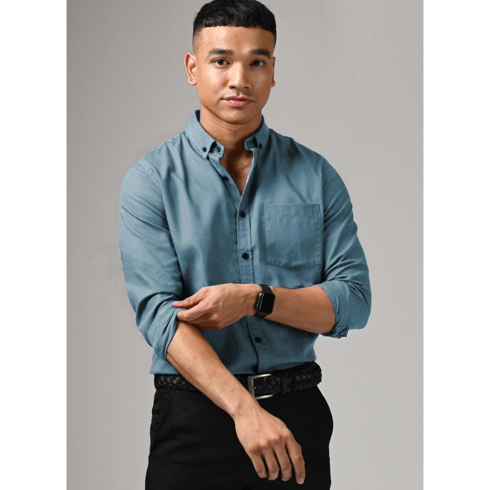 Ow42 HEM KEMEJA POLOS PANJANG SLIM FIT BIRU DENIM SOFT- Ukuran Lengkap M L XL  - Kemeja Pria Reguler