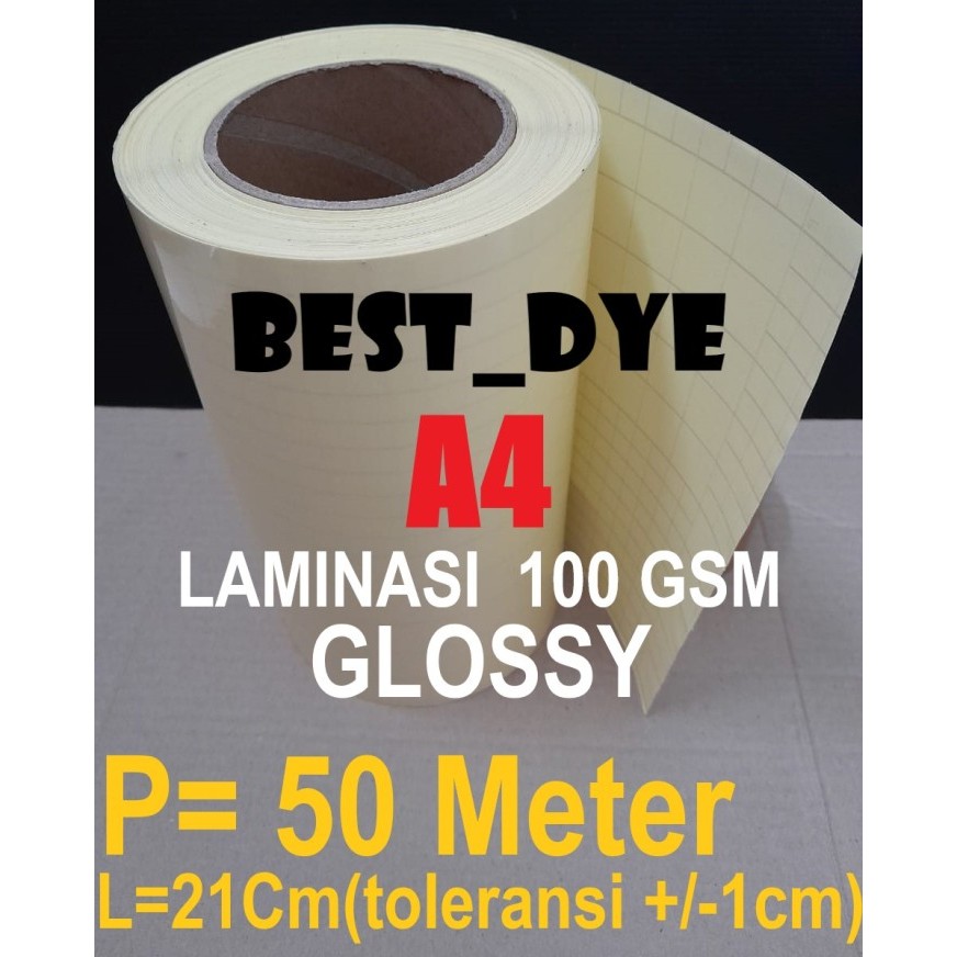 

PLASTIK LAMINASI DINGIN GLOSSY 100 GR, A4= 21CM X 45M, 1 ROLL= 50 YARD