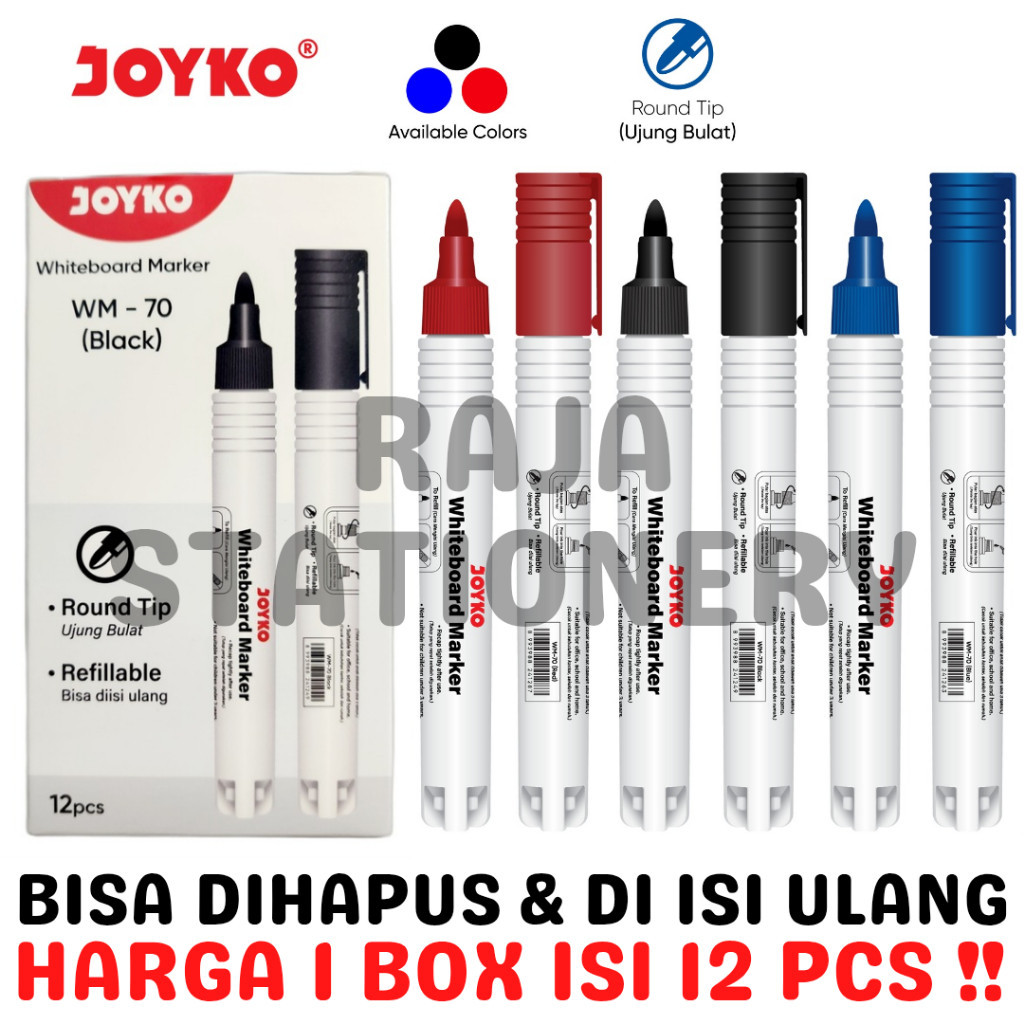 

JOYKO WHITEBOARD MARKER REFILLABLE BLACK BLUE RED SPIDOL PAPAN TULIS JOYKO HITAM BIRU MERAH BISA DIHAPUS BISA ISI ULANG LUSIN BOX [12PCS] Raja Big Box