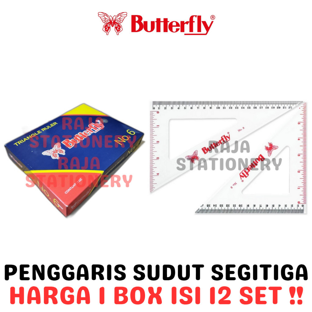 

BUTTERFLY TRIANGULAR RULER SET 14CM 23CM 90° No.6 No.8 PENGGARIS BUTTERFLY SUDUT SEGITIGA PANJANG SET LUSIN BOX [12PCS] Raja Big Box