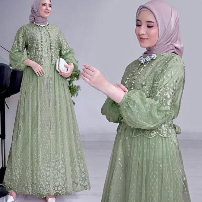 Gamis Felika Pesta Dress Brukat Tile Dot Ld 90 100 110 120 130 Jumbo Biru Denim Ps Original