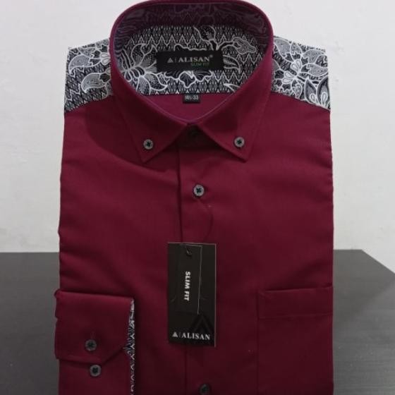 Kemeja Alisan Slim Fit Maroon Kombinasi Batik Lengan Panjang Terlaris