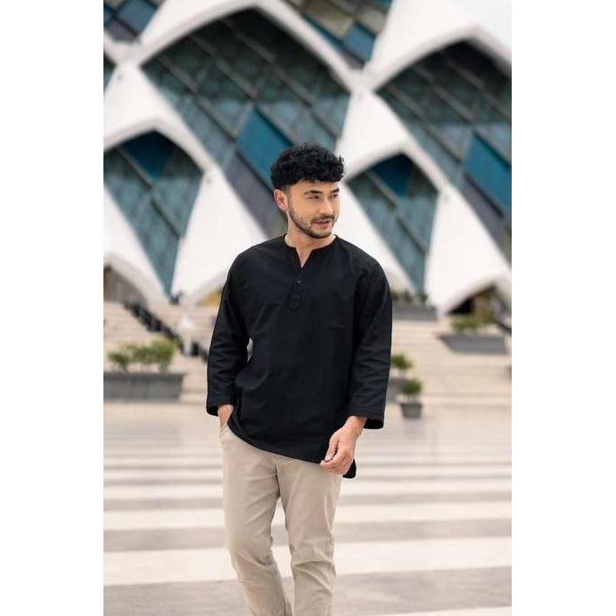 Turki Kemeja Koko Linen V-neck Lengan 7/8 BYBLANK Kemeja Koko Soft Cotton Linen Pria Terlaris