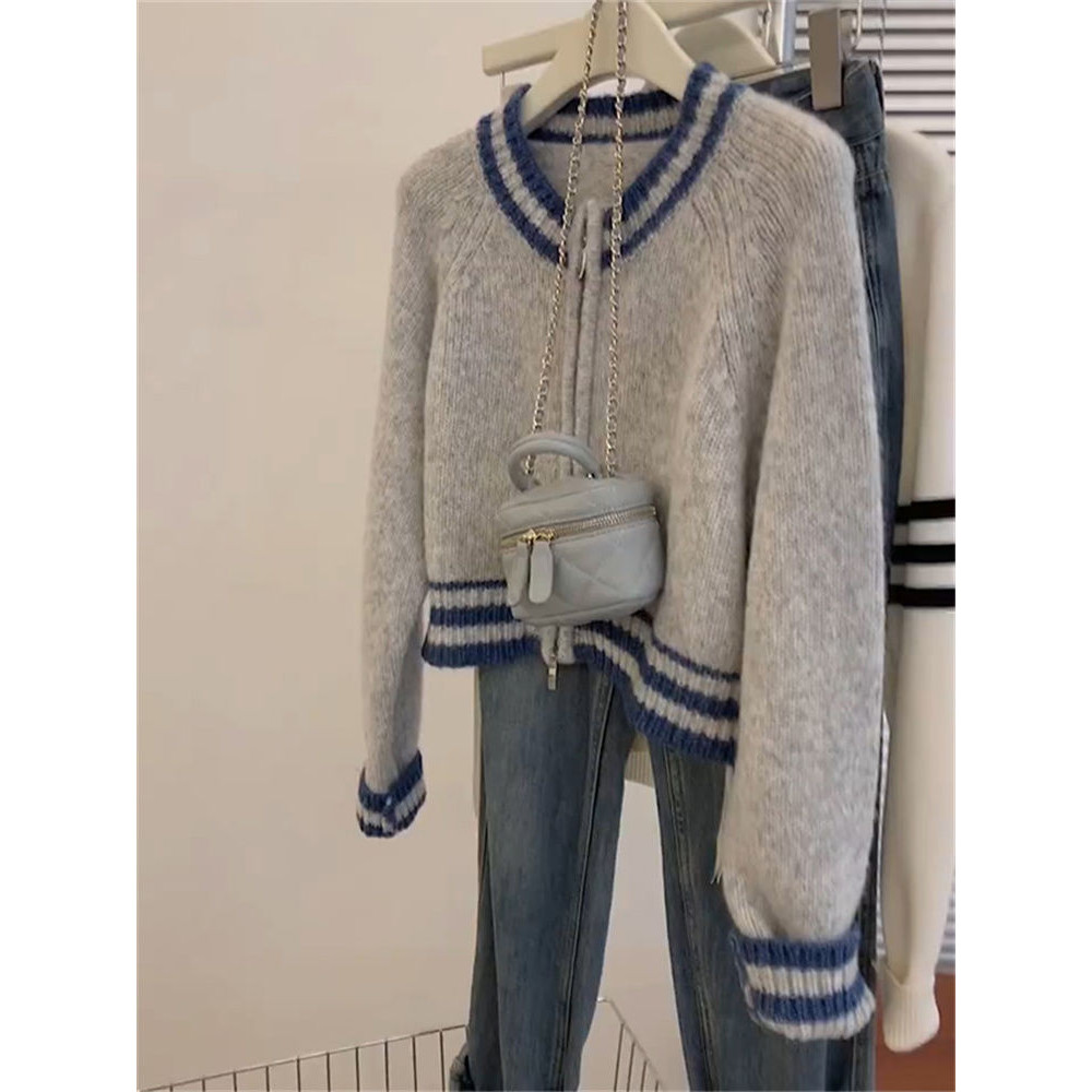 French Style Gray Chanel-Inspired Long Sleeve Knitted Cardigan Women's Sweater High-End Feel