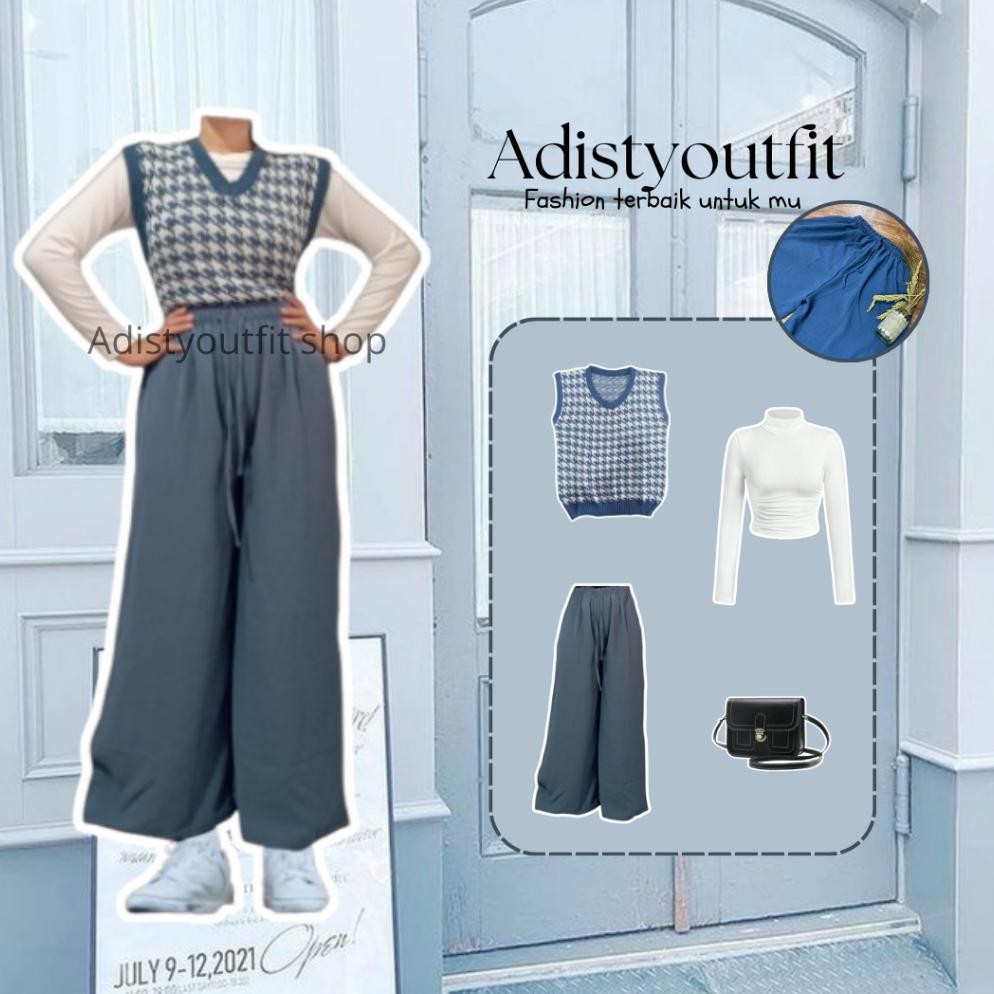 One Set 3In1 Outfit Korea/ Ootd/ Korean Style/Vest Korea (Vest Biru Set 14)