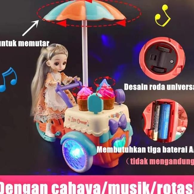 Mainan Mobil Es Krim Listrik Kereta Dorong Boneka dengan Musik dan Lampu Mainan Anak Perempuan Terla