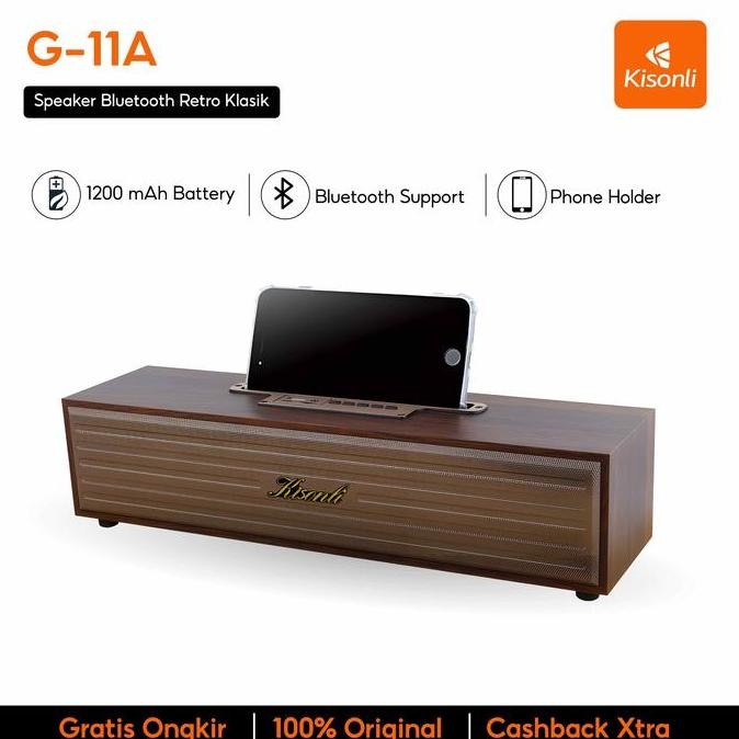 KISONLI - Speaker Bluetooth Retro Klasik Bahan Kayu Asli Memiliki Phone Holder G-11A