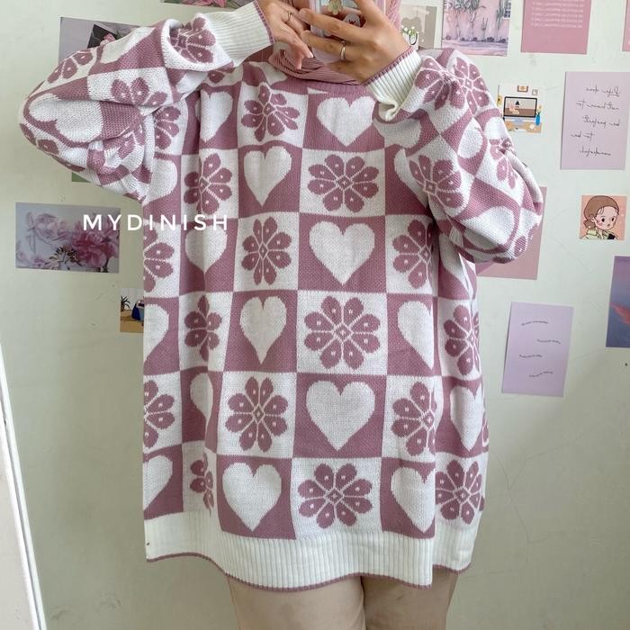 Klover Overzise Sweater Rajut Wanita Motif Bunga