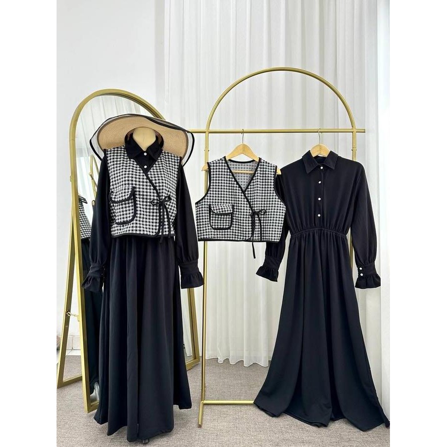 BEST SELLER OT YOONA DRESS GAMIS WANITA MUSLIMAH JUMBO OVERALL 2 IN 1 ROMPI MOTIF KOTAK ALA KOREA