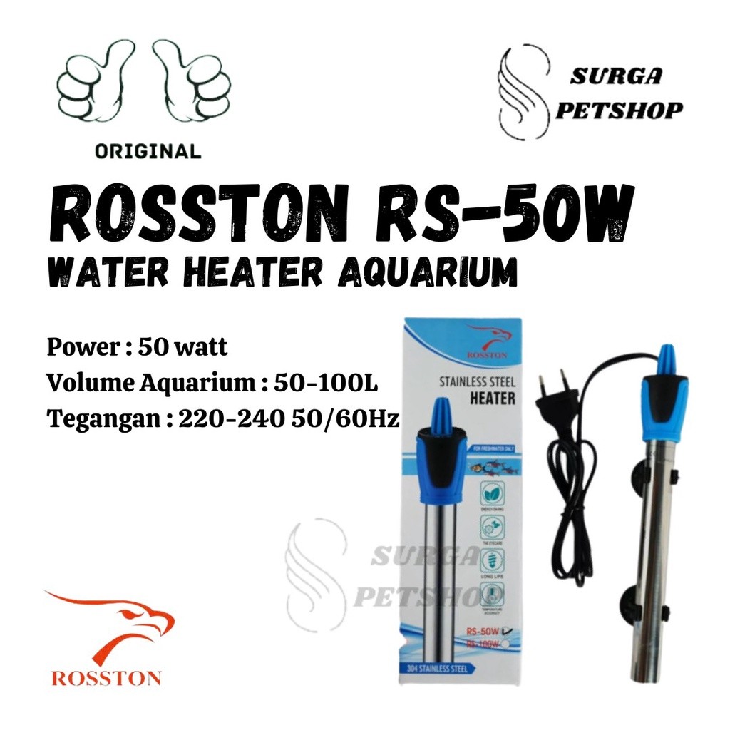 ROSSTON RS 50W Water Heater Aquarium Penghangat Air Stainless Steel RS50W Akuarium Kolam Ikan Pemana