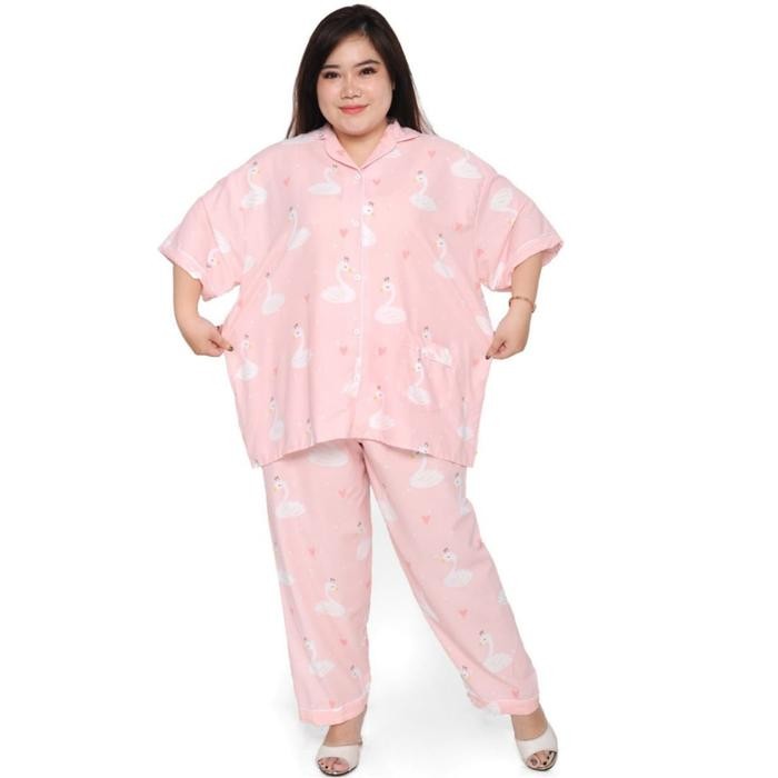 Baju Tidur Jumbo Celana Panjang Baju Lengan Pendek Ld 130 / Piyama Big Size Wanita Dewasa Bahan