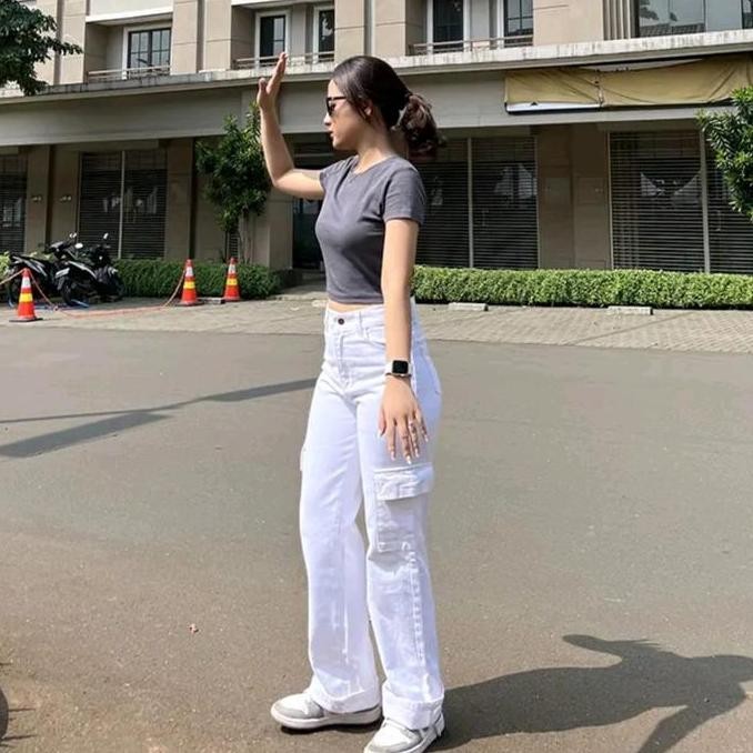 Cargo jeans wanita kekinian highwaist Panjang Cewek Celana Putih Hitam Putih Hitam Terlaris