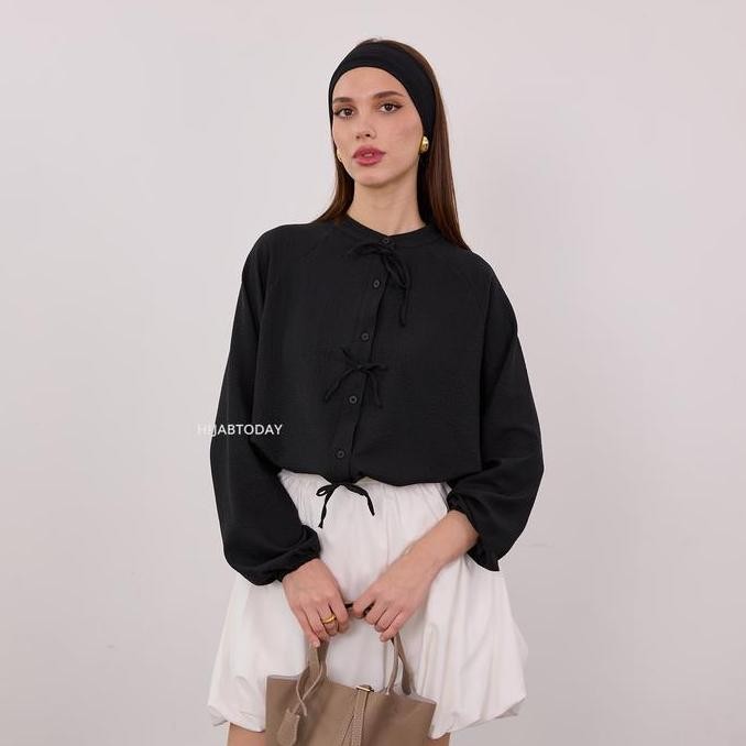 Airi Shirt HT by Fashiontoday - Kemeja Premium Wanita Lengan Panjang Tali Pita - Bisa Sampai Big Siz