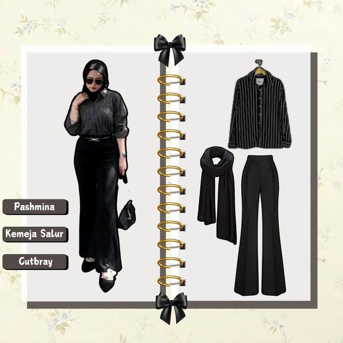 Setelan Candle { Kemeja Salur Hitam + Celana Cutbray Hitam + Pashmina Jersey Hitam } One Set Korean