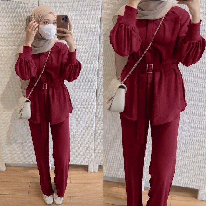 Setelan Celana Wanita Kekinian Baju One Set Remaja Crinkle Korea Style