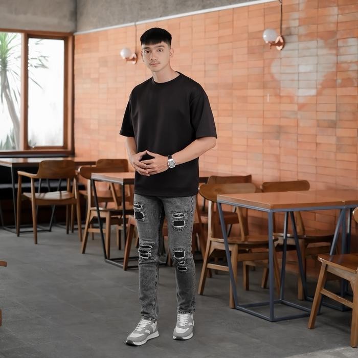 Celana Jeans Skinny Street Robek Rucas Snow Black Laki Laki