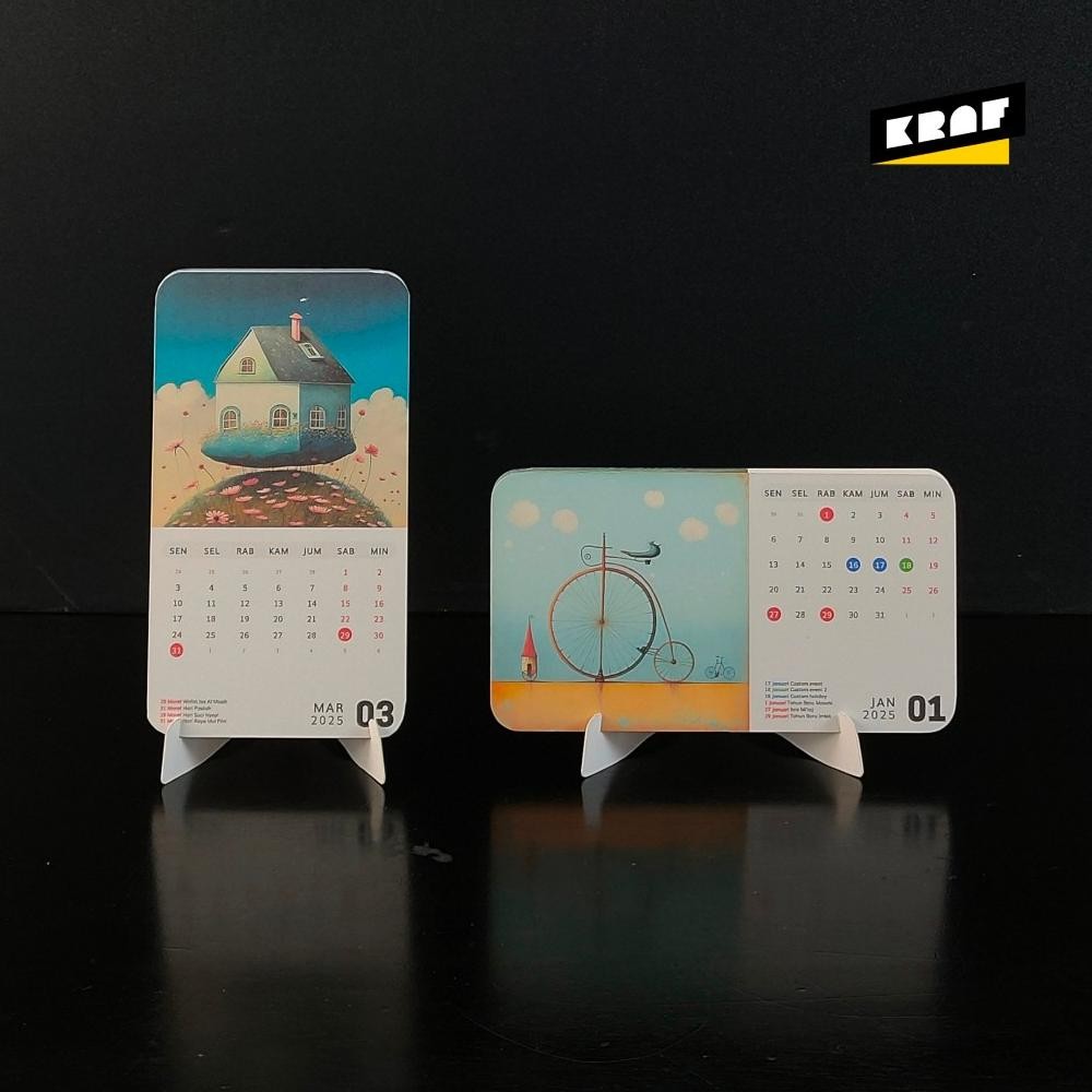 

Kalender custom estetik bahan tebal dan kokoh. Dapat memakai gambar atau foto sendiri dan dapat menambahkan event custom. Kalender meja unik dengan penyangga