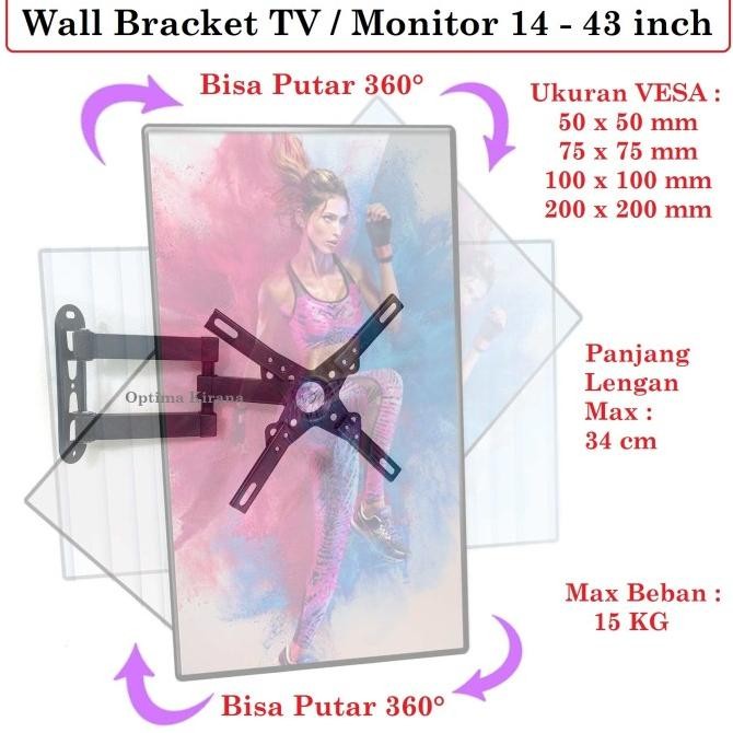 BRACKET 32 FULL MOTION ROTARY Putar Gerak PC MONITOR TV LED 14-43 in Siap Kirim