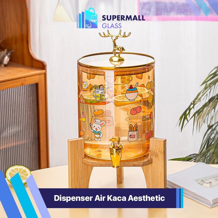 [SG] COD Dispenser Air Kaca / Ketel Air Dingin Kaca dengan Tatakan Kayu / Tempat Minuman Es Jus 2.6L