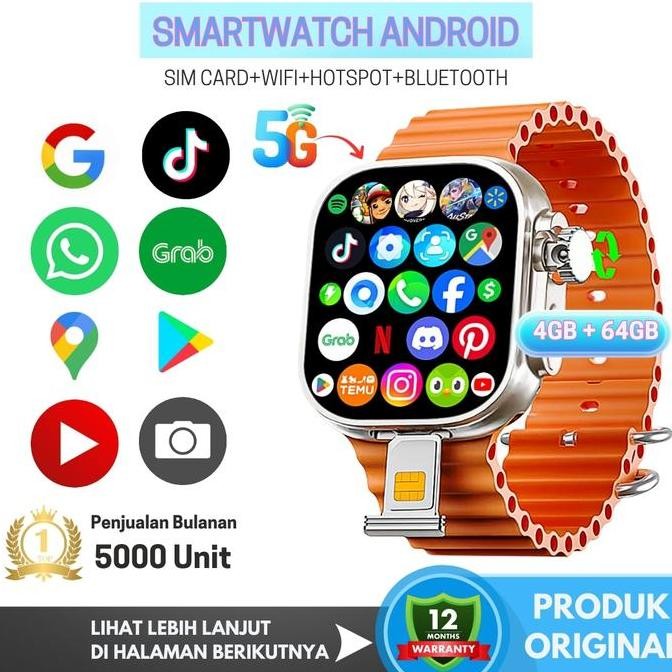 New Smartwatch Android 5G Dtno.1 Kamera Putar 5 Mp - Sim Card Wifi Hotspot Menelepon Video Call Play