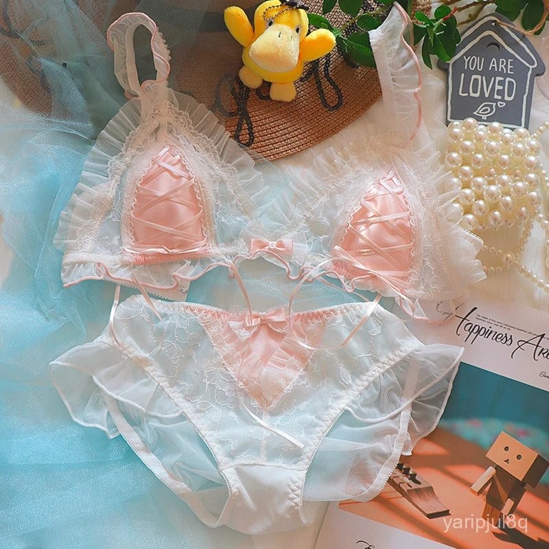 Set Pakaian Dalam Wanita Renda Satin Manis Bra Tipis Celana Dalam Tidur Intim Set Bra Nyaman Renda M