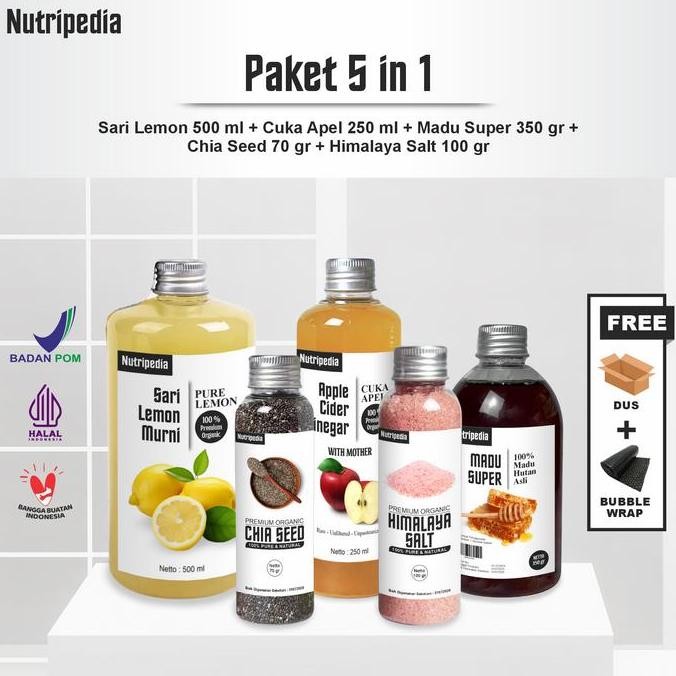 

Produk Baru!! NUTRIPEDIA Paket 5 in 1 Sari Lemon 500 ml, Cuka Apel 250 ml, Madu Hutan 350 gr, Chia Seeds 70 gr, Garam Himalaya 100 gr