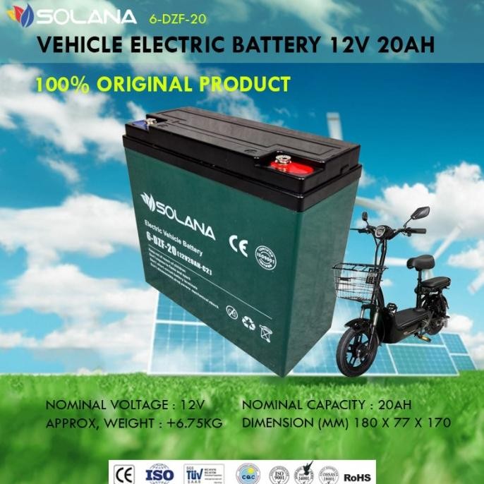 Ready Solana E-Bike 12V 20Ah Aki Kering Sepeda Motor Listrik Battery 20 Ah
