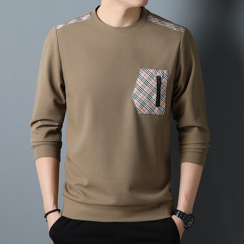 Men's Thin Round Neck Waffle Patchwork Sweatshirt Casual Versatile Real Pocket