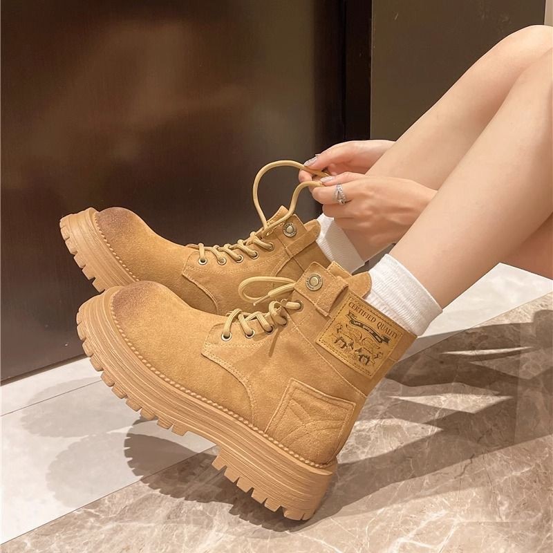 Women's boots New platform boots suede Vintage British style Genuine leather soft leather boots