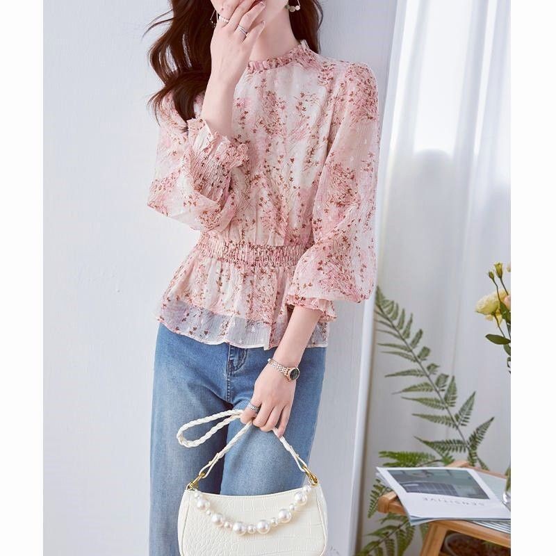 Atasan Lengan Puff Gaya Wangi Kecil Fashion Wanita, Chic Bergaya, Kerut Leher Bulat, Blus Chiffon Lo