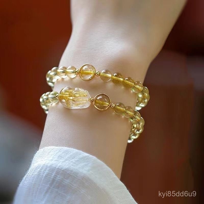 Gelang Kristal Kuning Alami Pixiu Kristal Rambut Emas Kristal Penarik Kekayaan