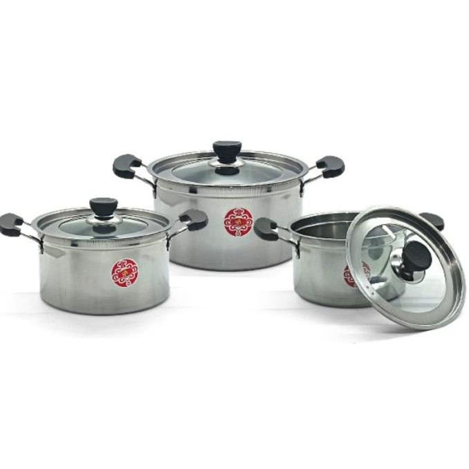 555 Panci Stainless Set Tebal Tutup Kaca @3 KAL