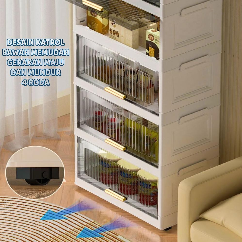 Lemari Plastik Lipat Susun/Rak Buku Serbaguna ada Roda/transparan Etalase Makanan Lemari Dapur Estet