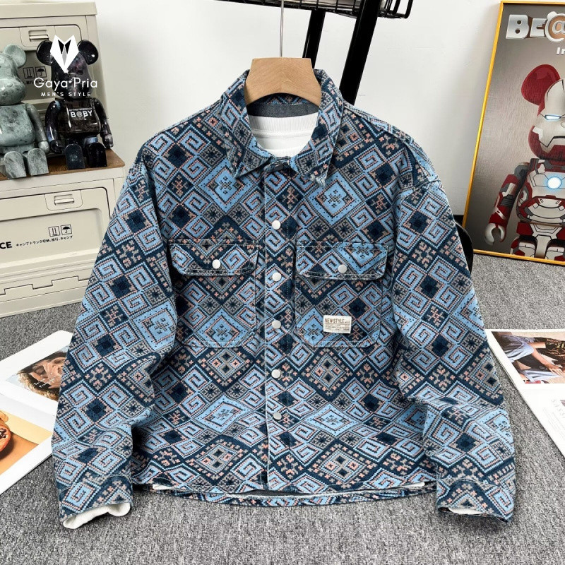 New Rhombus Denim Shirt Jacket Men's Fashion All-Matching Polo Collar Jacket