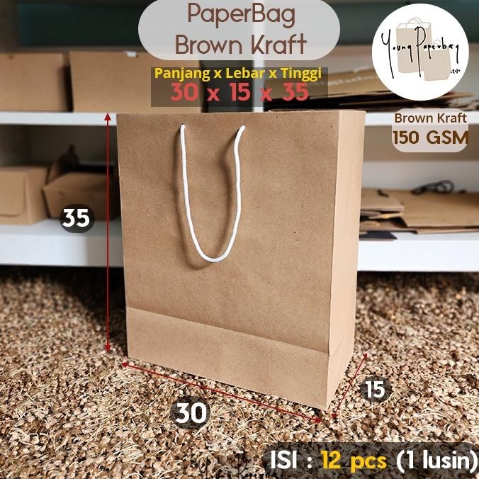 

jg-56 Paper Bag/Tas Kertas Paperbag Polos Kraft Coklat 30 x 15 x 35 150GSM Terlaris
