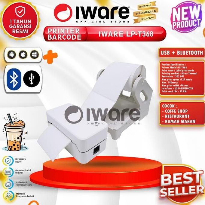 IWARE PRINTER BARCODE THERMAL LP-T368 80MM USB+BLUETOOTH CETAK LABEL RESI & HARGA 1204T