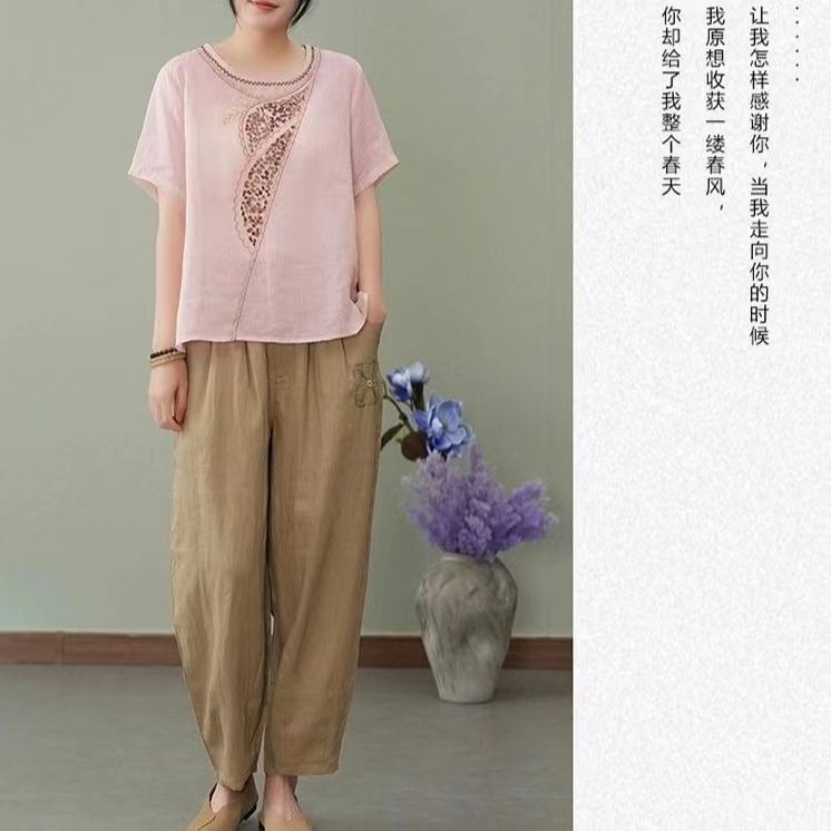 New Chinese Style Chinese Top Embroidered Cotton Linen New Shirt Summer